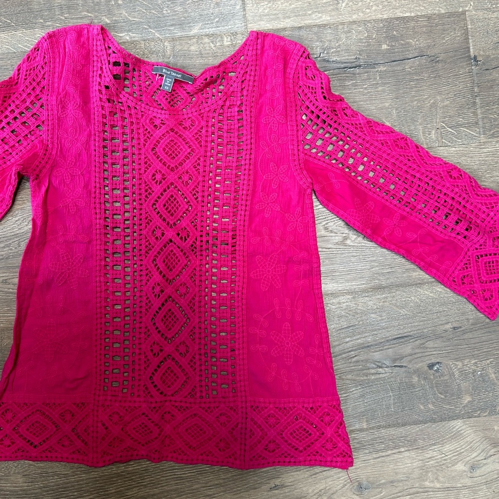 Blue Tassel Embroidered Crochet Blouse (XS)